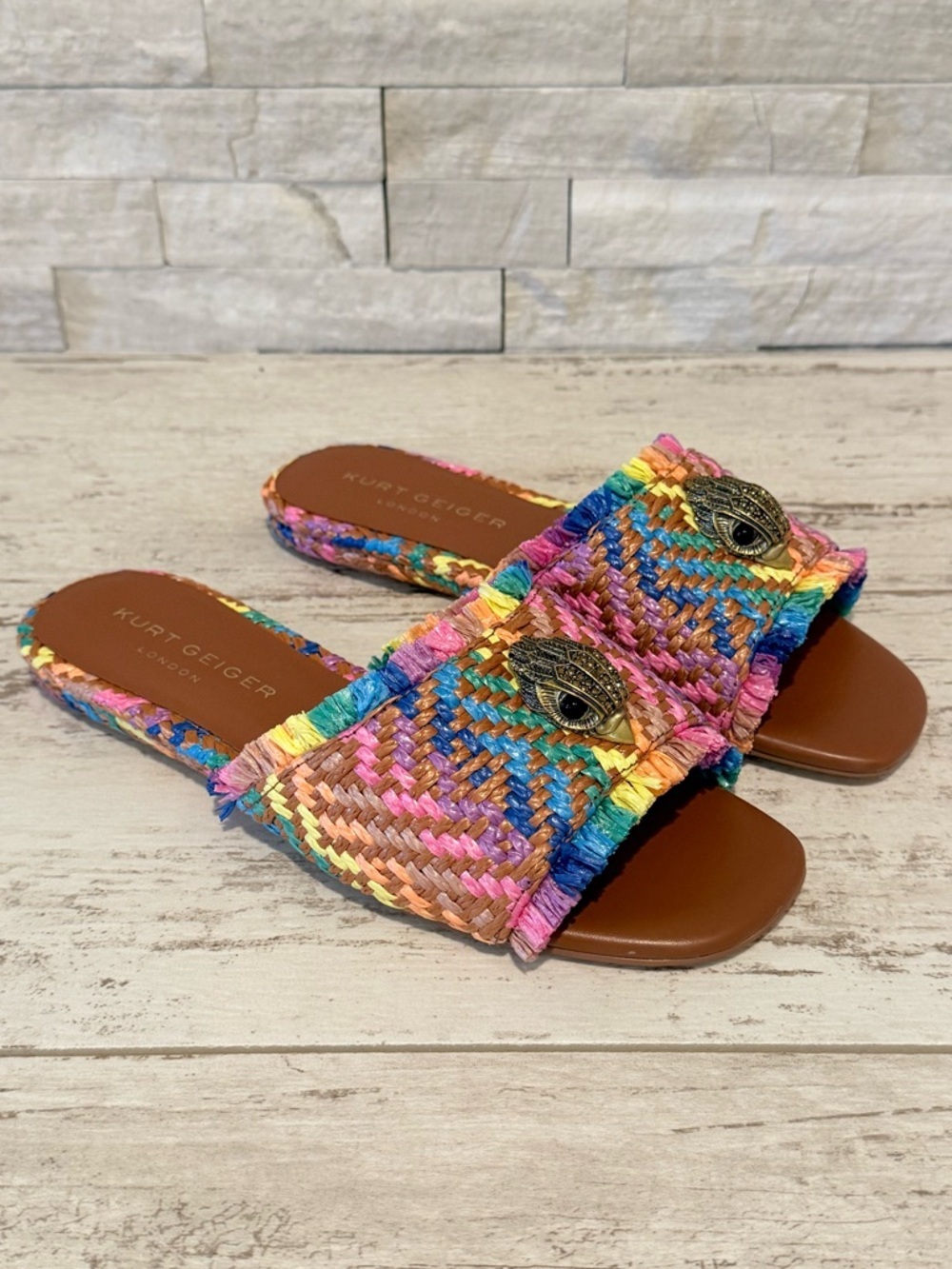 Kurt Geiger Kensington Eagle Casual Flat Raffia Slide Sandals EU 37 New Rainbow
